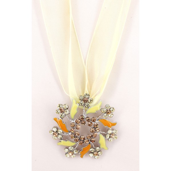 Rhinestone Floral Charm w/ Ribbon Necklace - Yellow - NE-EK180YL