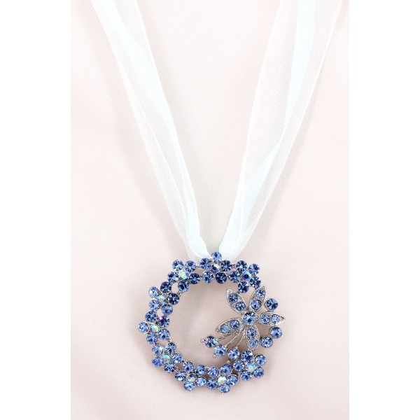 Rhinestone Floral Charm w/ Ribbon Necklace - Blue -NE-EK192BL
