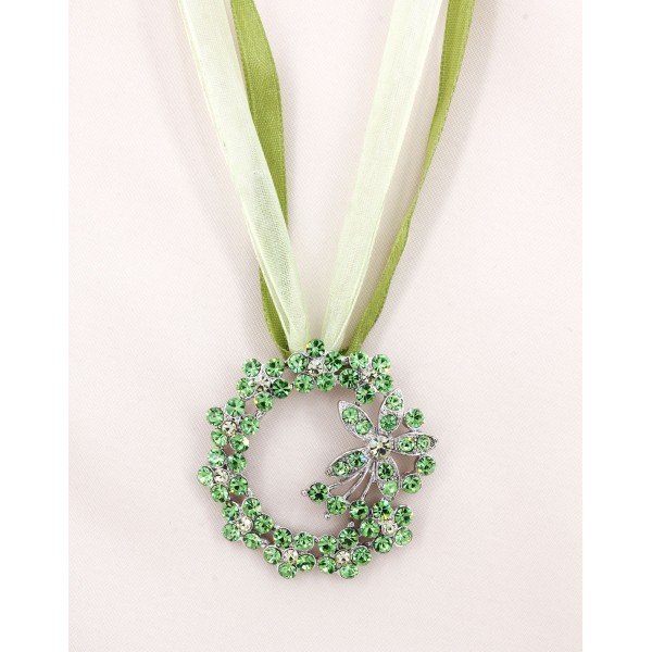 Rhinestone Floral Charm w/ Ribbon Necklace - Green -NE-EK192GN