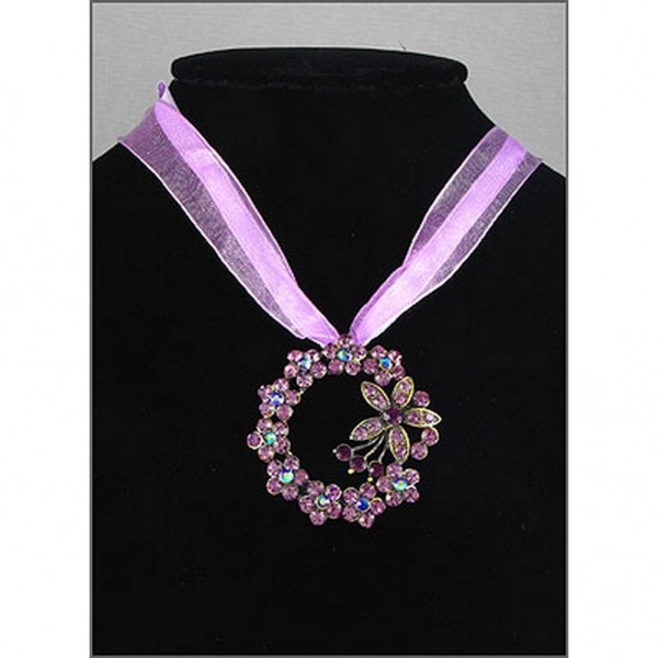 Rhinestone Floral Charm w/ Ribbon Necklace - Purple -NE-EK192PL