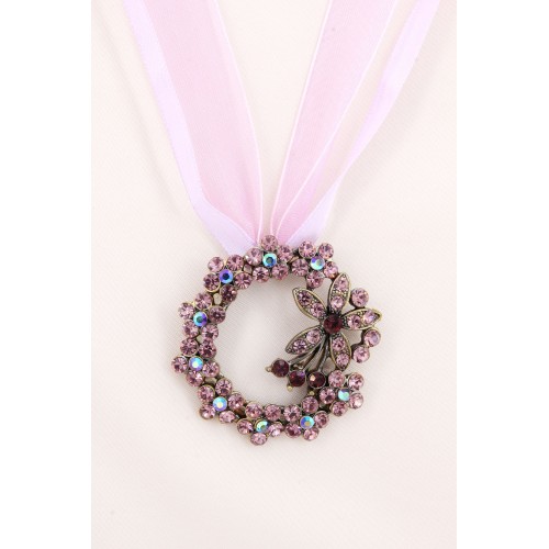 Rhinestone Floral Charm w/ Ribbon Necklace - Purple -NE-EK192PL