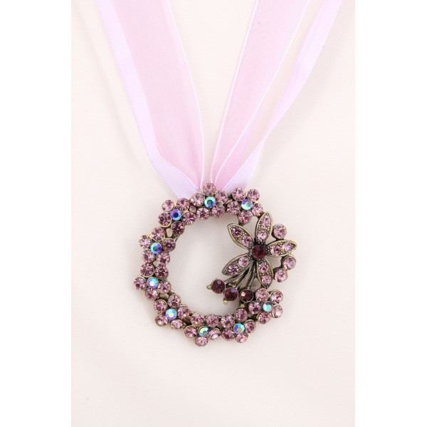 Rhinestone Floral Charm w/ Ribbon Necklace - Purple -NE-EK192PL