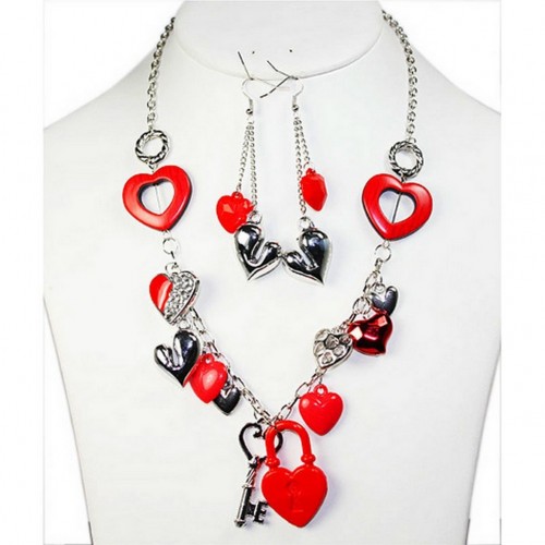 Heart Charms Necklace w/ Earrings Set - NE-FNE2290RHRD