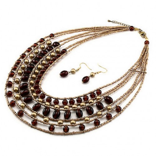 Glass Beads Multi-Strand Necklace & Earrings Set - NE-INE3479BRW