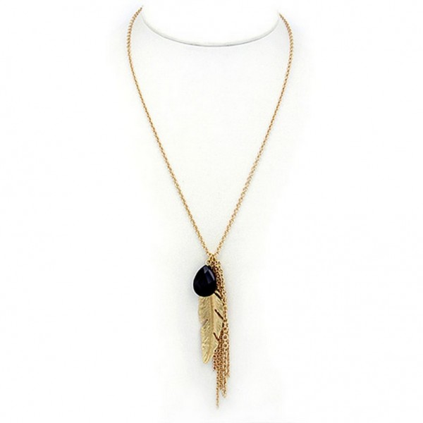 Necklace: Tear Drop Genuine Stone w/ Leave Shape Pendant & Tassels- 28” - NE-JN702JET