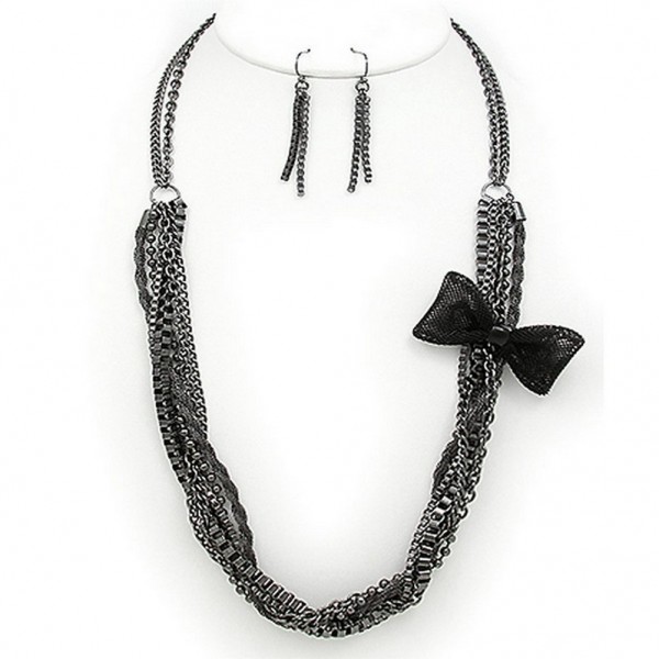 Multi Chain w/ Mesh Bow Necklace & Earrings Set - Hematite - NE-KF0014HM