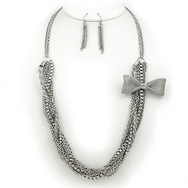 Multi Chain w/ Mesh Bow Necklace & Earrings Set - Hematite - NE-KF0014RH
