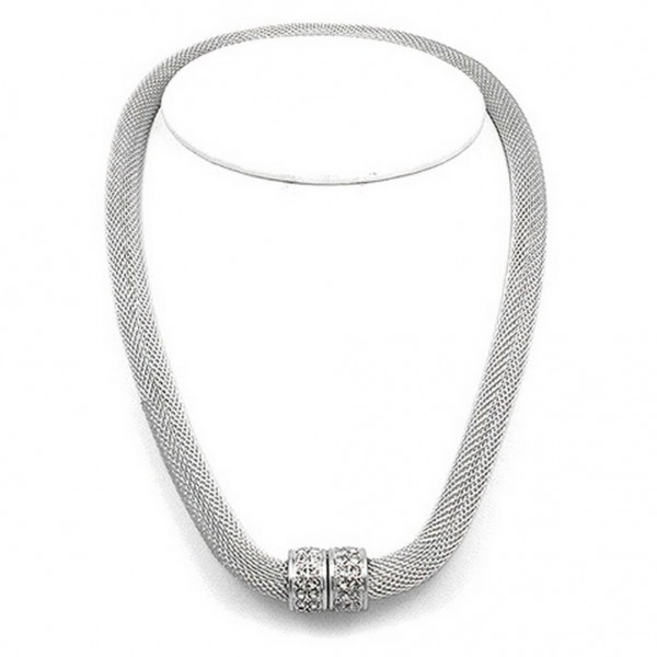 Mesh Strand Necklace w/ Magnetic Rhinestone Rings - Silver - NE-MCN200SP