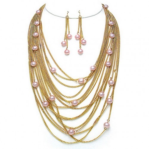Multi Chains w/ Pearl Like Beads Necklace & Earrings Set - Gold - NE-MCN260GPPK
