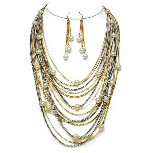 Multi Chains w/ Pearl Like Beads Necklace & Earrings Set - Multi  Colors- NE-MCN260MTCR