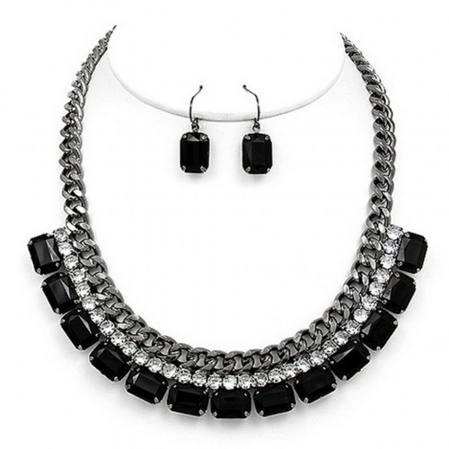 Metal Chain Strand w/ 2-Row Rhinestone Layer Necklace & Earrings Set - Hematite - NE-MS1116BN
