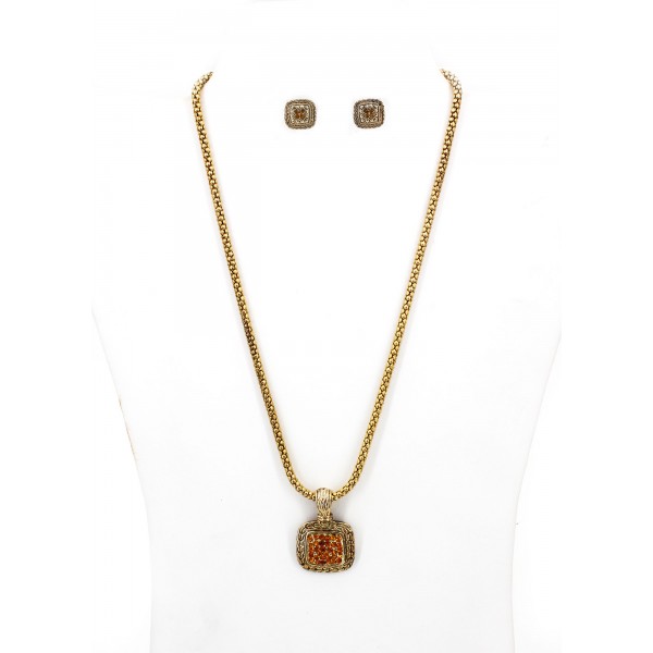 Western Style Square Charm W/ Rhinestones Necklace & Earrings Set - NE-MS3163AGTO