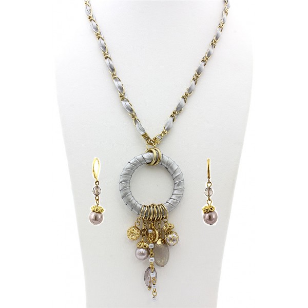 Faux Suede O-Ring W/ Dangle Beads Necklace & Earrings Set - Silver - NE-MS3464S