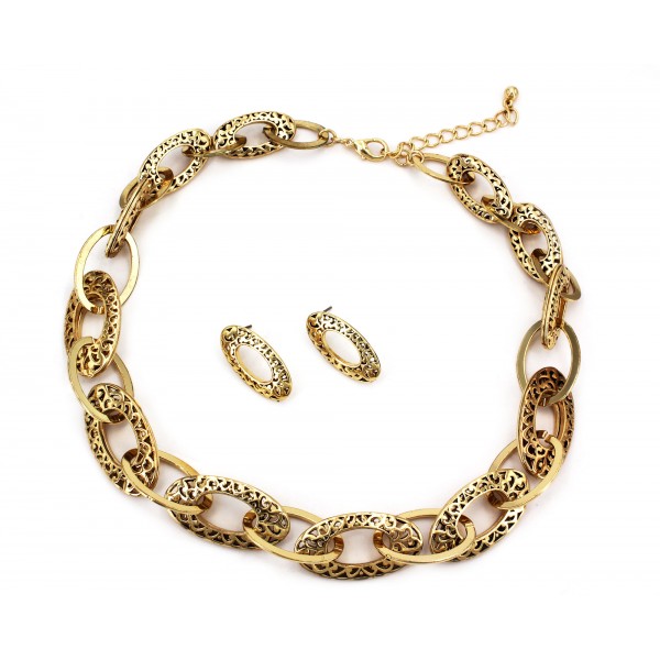 Vintage Engraving Oval Chain Necklace+Earring Set - Gold Tone - NE-MS3529AG