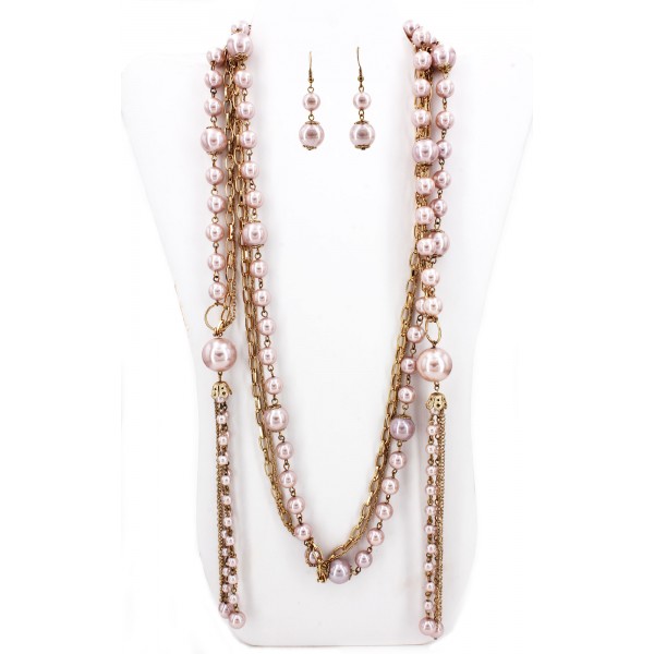 Multi Chain Faux Pearl w/ Small Oval Links NE+ER Set - Dusty Pink - NE-N1387DPK