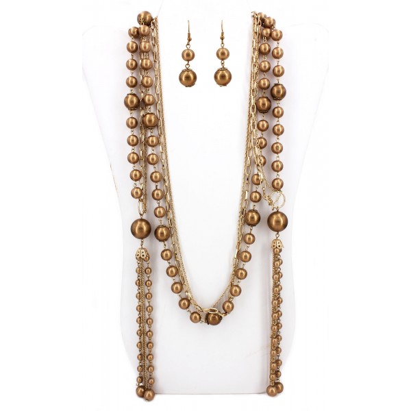 Multi Chain Faux Pearl w/ Small Oval Links NE+ER Set - Gold - NE-N1387GD