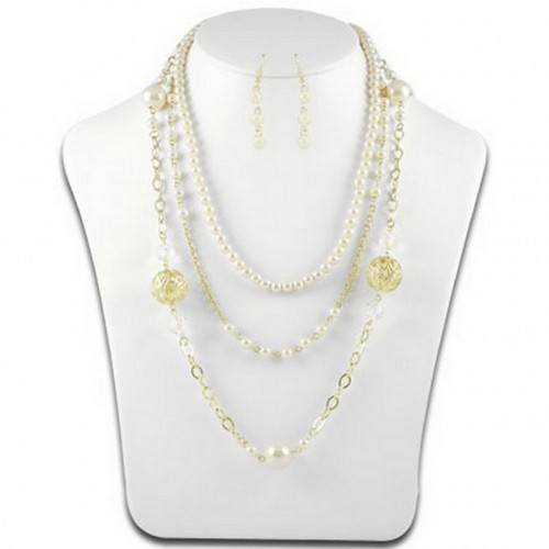 Multi Chain Faux Pearl w/ Big Carved Metal Beads NE+ER Set - Natural - NE-N1388NT