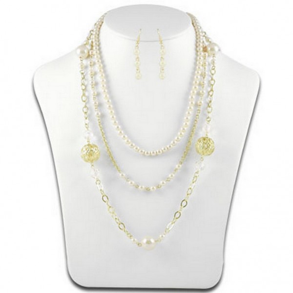 Multi Chain Faux Pearl w/ Big Carved Metal Beads NE+ER Set - Natural - NE-N1388NT