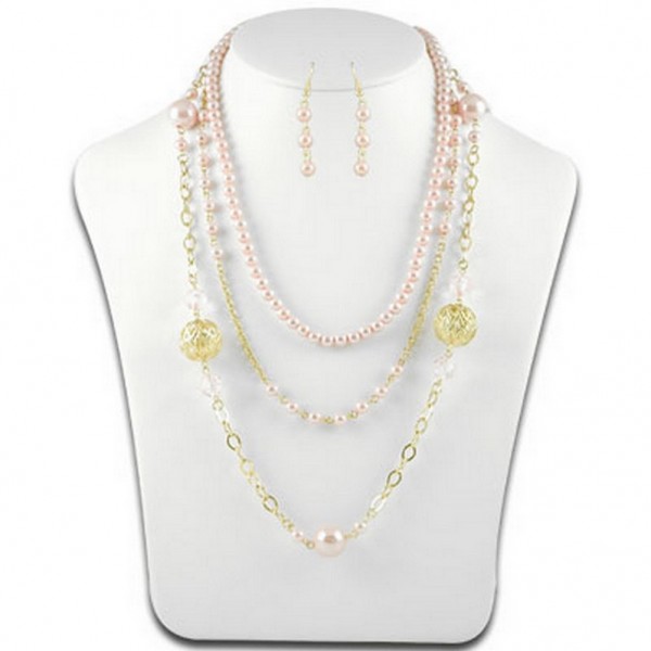 Multi Chain Faux Pearl w/ Big Carved Metal Beads NE+ER Set - Pink - NE-N1388PK
