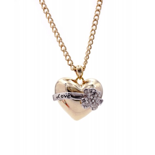 Necklace - T-Bear Swarovski Crystal Heart Charm w/ Silver Ribbon - NE-N5012GD