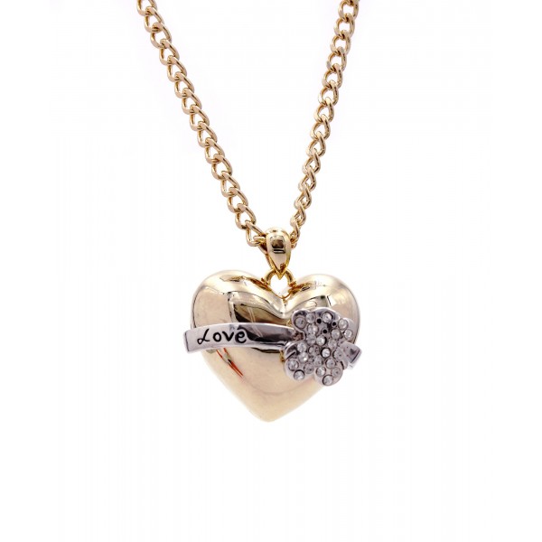 Necklace - T-Bear Swarovski Crystal Heart Charm w/ Silver Ribbon - NE-N5012GD