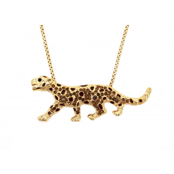 Swarovski Crystal Leopard - Gold Tone w/ Topaz Stones - Made in Korea - NE-N5021GDTP