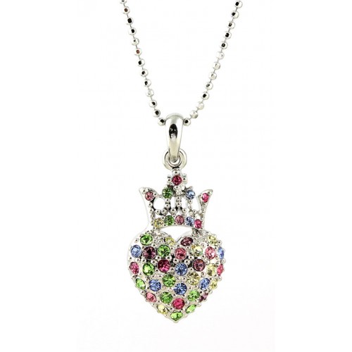 Necklace - Rhinestone Heart w/Crown - Rhodium Plating - NE-N6628MT