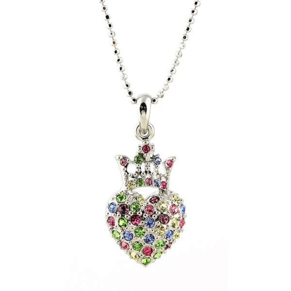 Necklace - Rhinestone Heart w/Crown - Rhodium Plating - NE-N6628MT