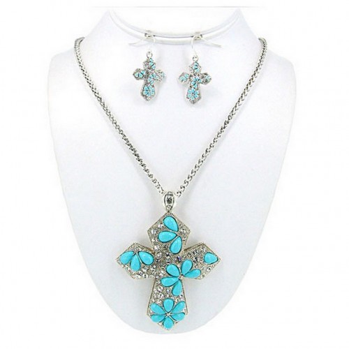Cross Charms Necklace & Earrings Set  - NE-OS00980ASTQS