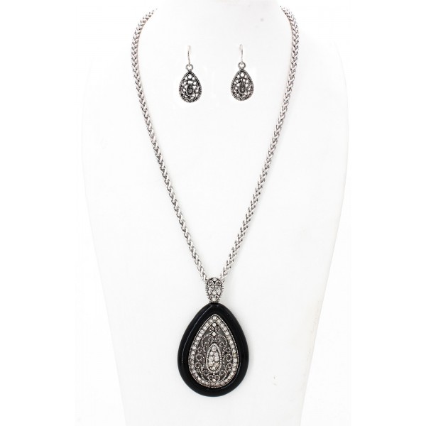 Filigree Tear Drop Charm Necklace & Earrings Set w/ Clear Rhinestones - NE-OS01638ASJET