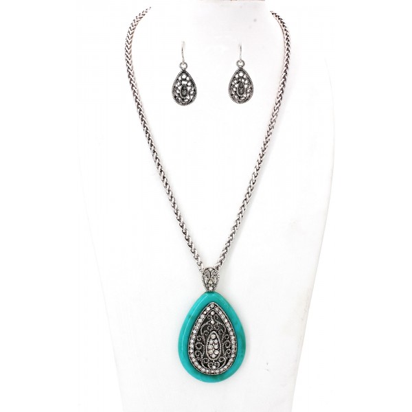 Filigree Tear Drop Charm Necklace & Earrings Set w/ Clear Rhinestones - NE-OS01638ASTQS