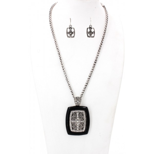 Filigree Square Charm Necklace & Earrings Set w/ Clear Rhinestones - NE-OS01640ASJET