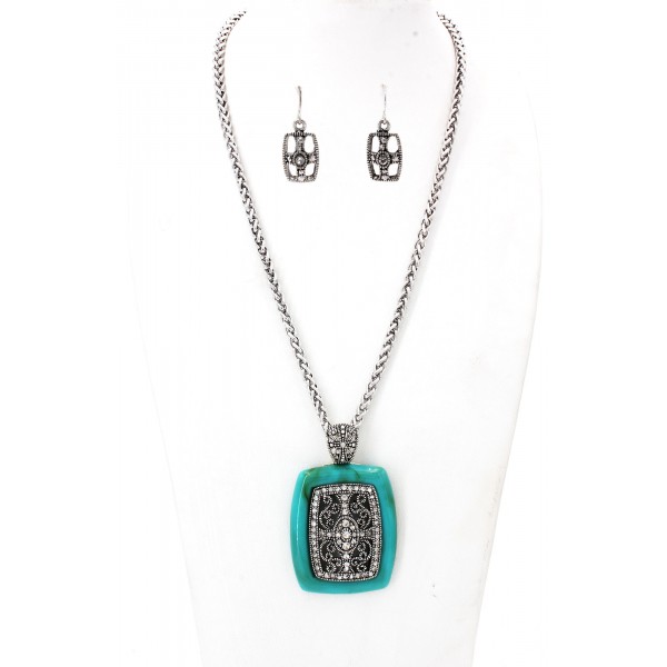 Filigree Square Charm Necklace & Earrings Set w/ Clear Rhinestones - NE-OS01640ASTQS