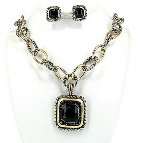 JHD Group - Casting Rhinestone Necklace & Earrings Set w/ Paved Square Charm - NE-OS01720TTJET