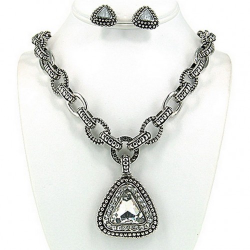 JHD Group - Casting Rhinestone Necklace & Earrings Set w/ Paved Triangle Charm - NE-OS01723RDCRY