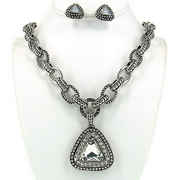 JHD Group - Casting Rhinestone Necklace & Earrings Set w/ Paved Triangle Charm - NE-OS01723RDCRY