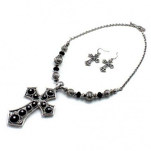 Cross Charm Necklace & Earrings Set - Antique Rhodium Coating Cross  - NE-QNE7527ARBK