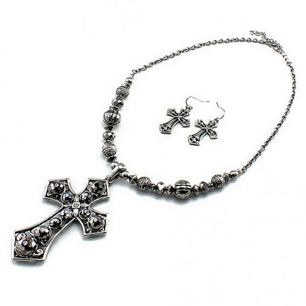 Cross Charm Necklace & Earrings Set - Antique Rhodium Coating Cross  - NE-QNE7527ARRH