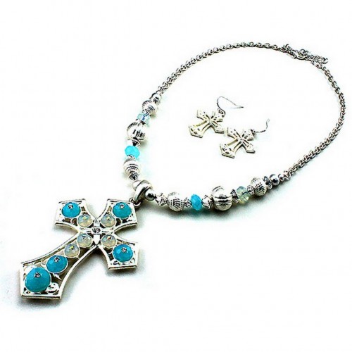 Cross Charm Necklace & Earrings Set - Antique Rhodium Coating Cross - NE-QNE7527MSBL