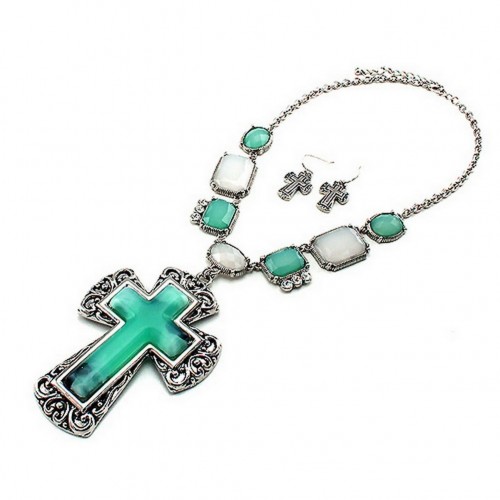 Cross Charm Necklace & Earrings Set - Casting Cross Charm w/ Genuine Stones  - NE-QNE7727ARTQ
