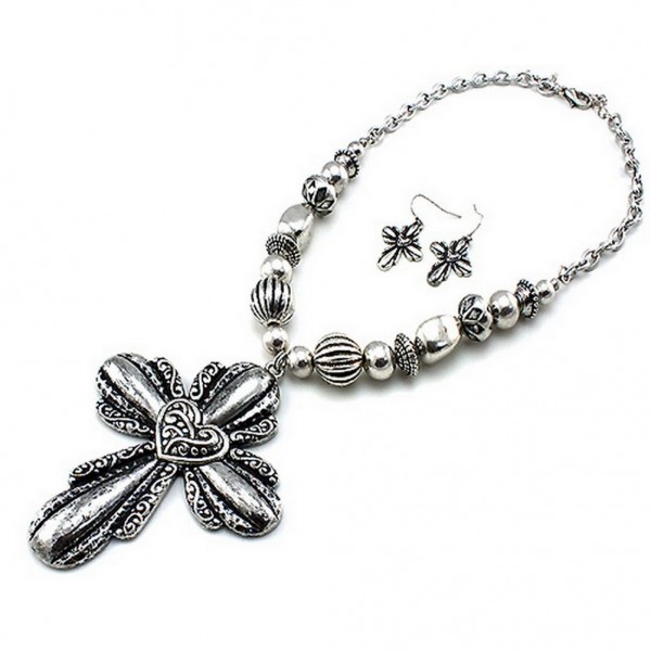 Cross Charm Necklace & Earrings Set - Casting Cross Charm  - NE-QNE7881SB