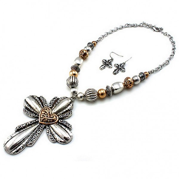 Cross Charm Necklace & Earrings Set - Casting Cross Charm  - NE-QNE7881SBGB