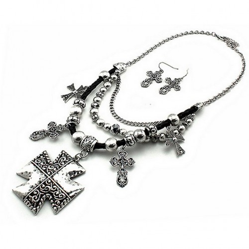 Cross Charm Necklace & Earrings Set - Casting Multi Cross Charms - NE-QNE7900SB