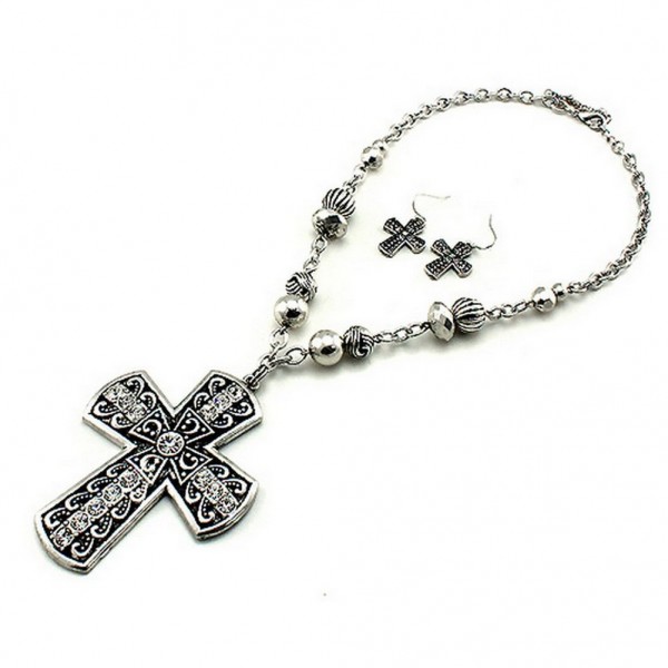 Cross Charm Necklace & Earrings Set - Casting Cross Charm w/ Clear - NE-QNE7907SBCL