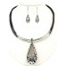 Western Style Teardrop Charm w/ Rhinestones Necklace & Earrings Set w/ Whipped Strap - 16'' - NE-S6703LASCY