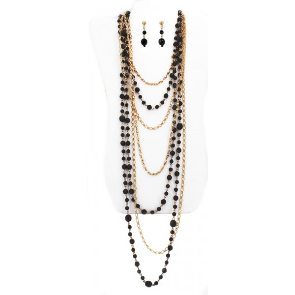 Multi Gold Chain W/Onxy Beaded Necklace + Earrings Set - NE-SMS3001B