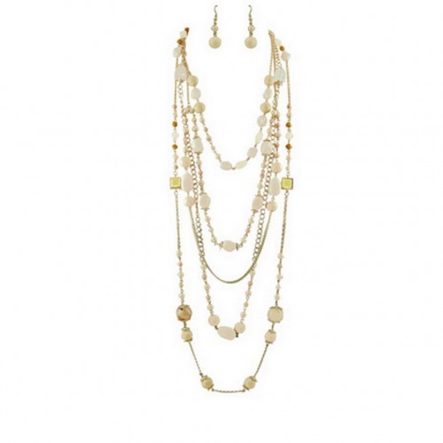 Multi Gold Chain Faux Stone Necklace + Earrings Set: Ivory Color - NE-SMS3006A