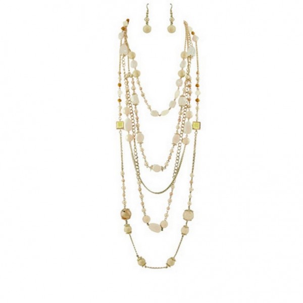 Multi Gold Chain with Faux Stone Necklace + Earrings Set: Ivory Color - NE-SMS3006A