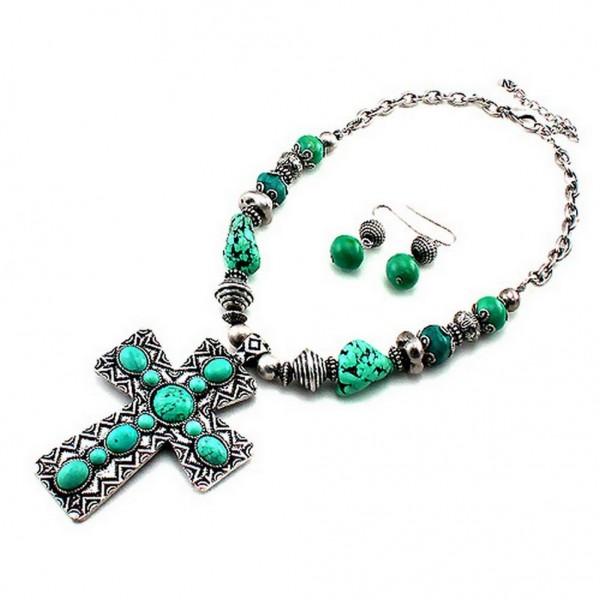Cross Charm Necklace & Earrings Set - Casting Cross Charm w/ Turquoise Stones   - NE-SNE7229SBTQ
