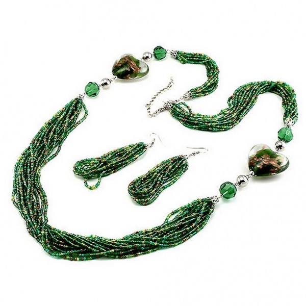 36" Murano Heart w/ Beaded Strands Necklace & Earrings Set - Green - NE-UNE11700GRN